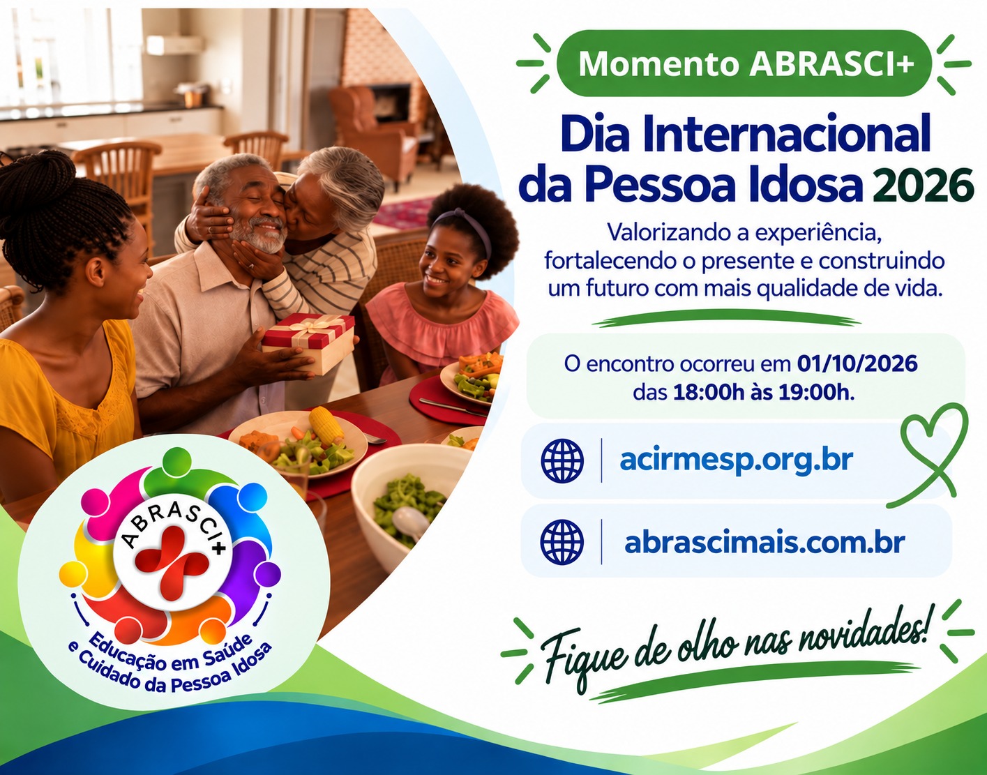 Família reunida à mesa celebrando o Dia Internacional da Pessoa Idosa 2026